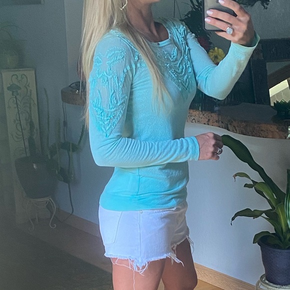 Free People Studded Mesh Aqua Long Sleeve - Picture 7 of 13